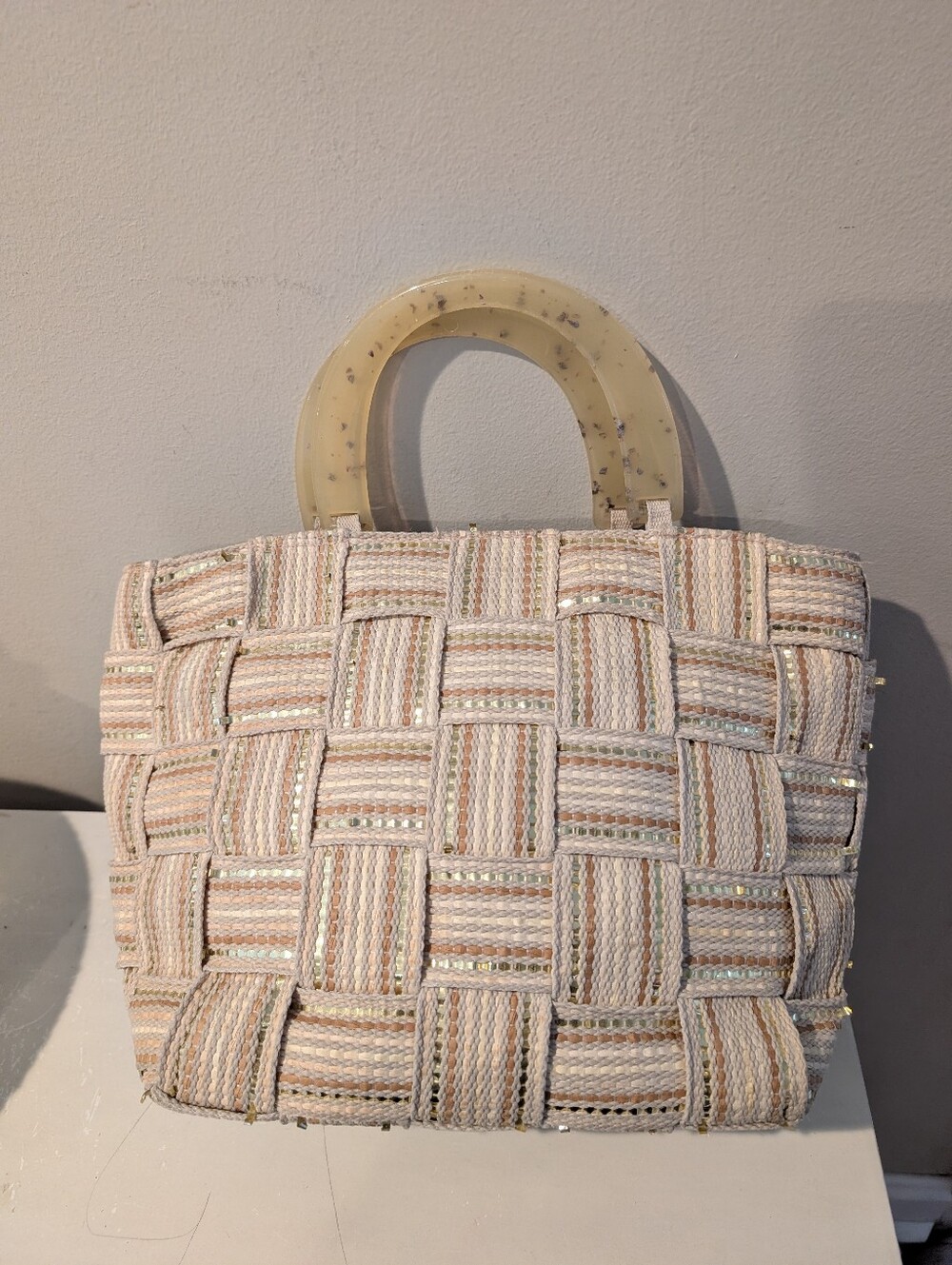 M & G Bertini Vintage Cream Woven Lucite Bag